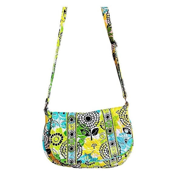 Vera Bradley Limes Up Pattern Green Floral Quilted Shoulder Crossbody Saddle Bag - Picture 1 of 13